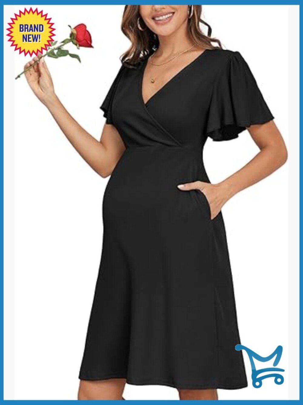Maternity Nursing Dress with Pockets Short Ruffle Sleeves A-line Midi